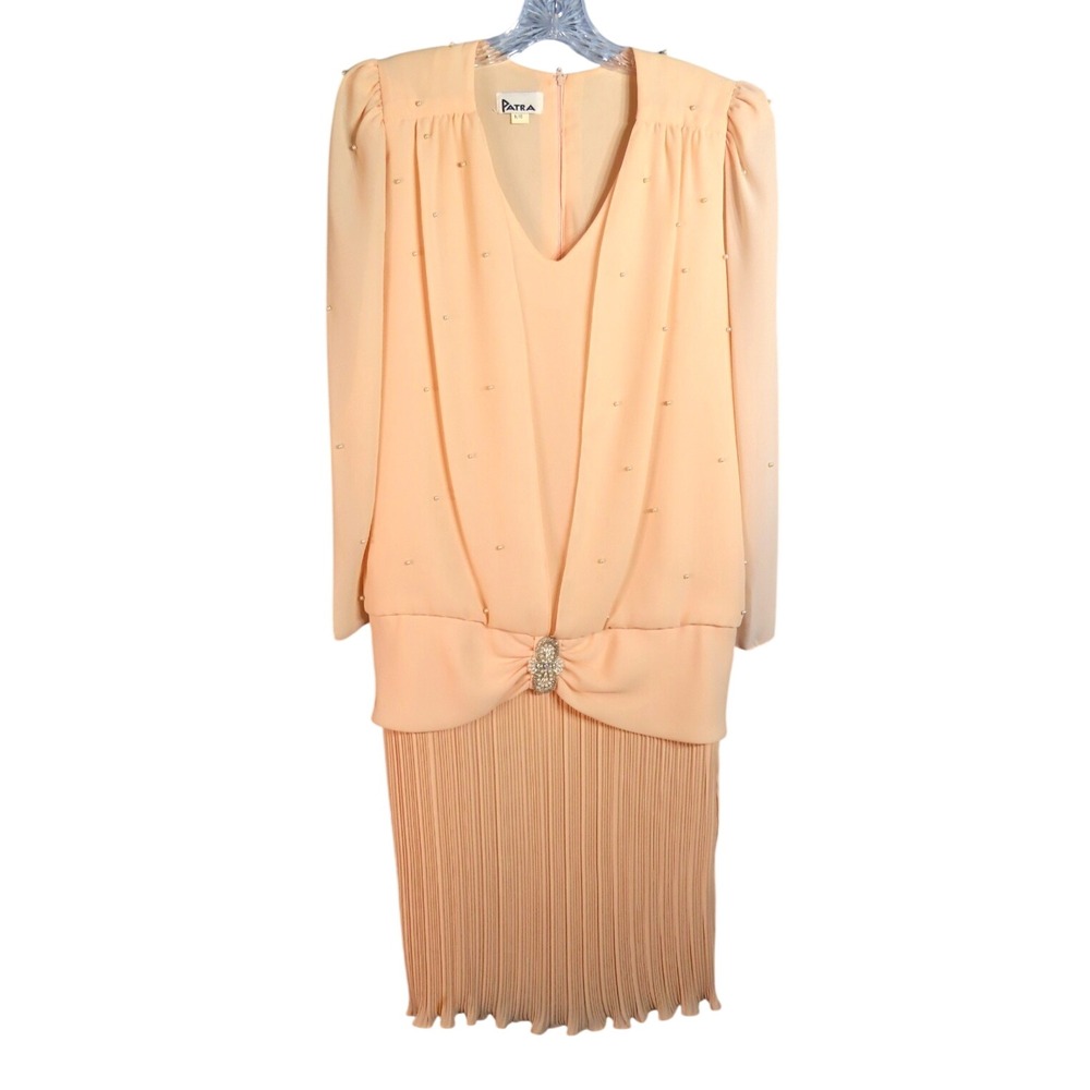 VTG PATRA Peach Party Dress CREPE CHIFFON Dropped Waist PEARLS/RHINESTONE 9/10/M
